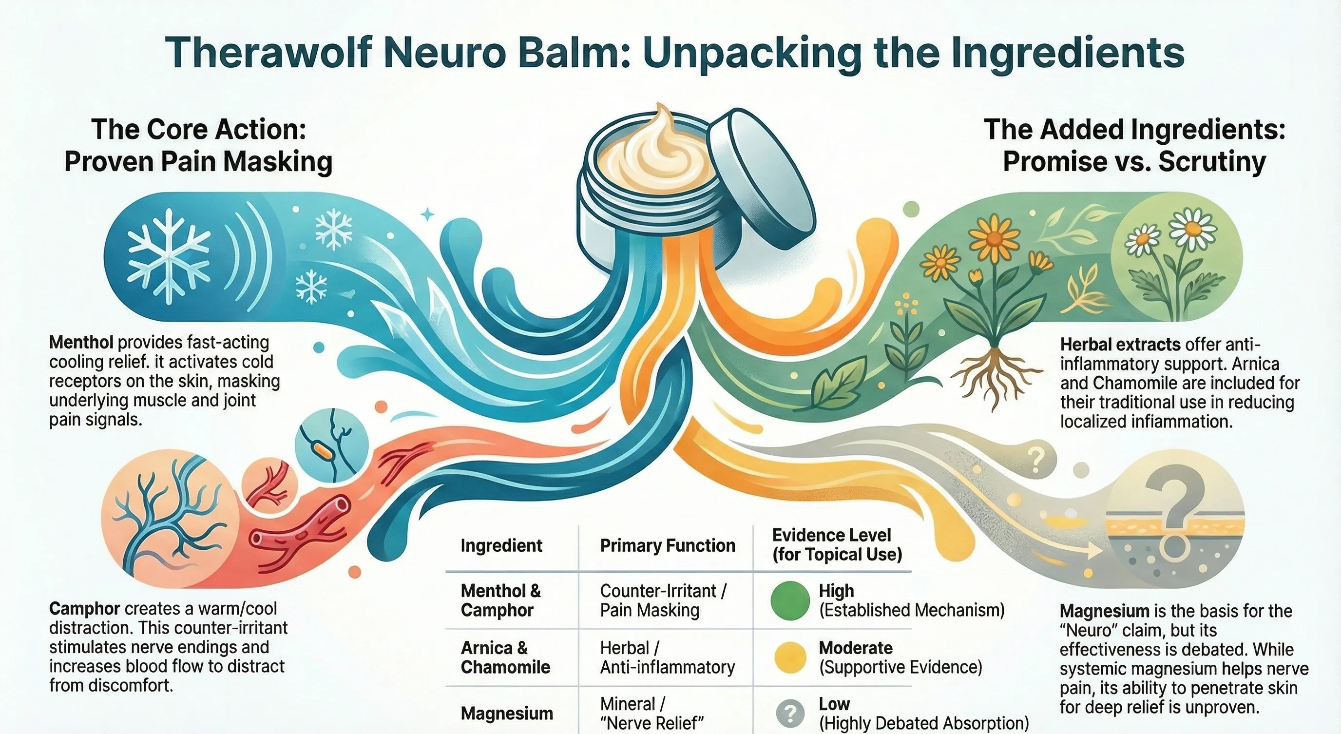 Therawolf Pain Relief Balm ingredients breakdown showing menthol, camphor, arnica, chamomile, and magnesium